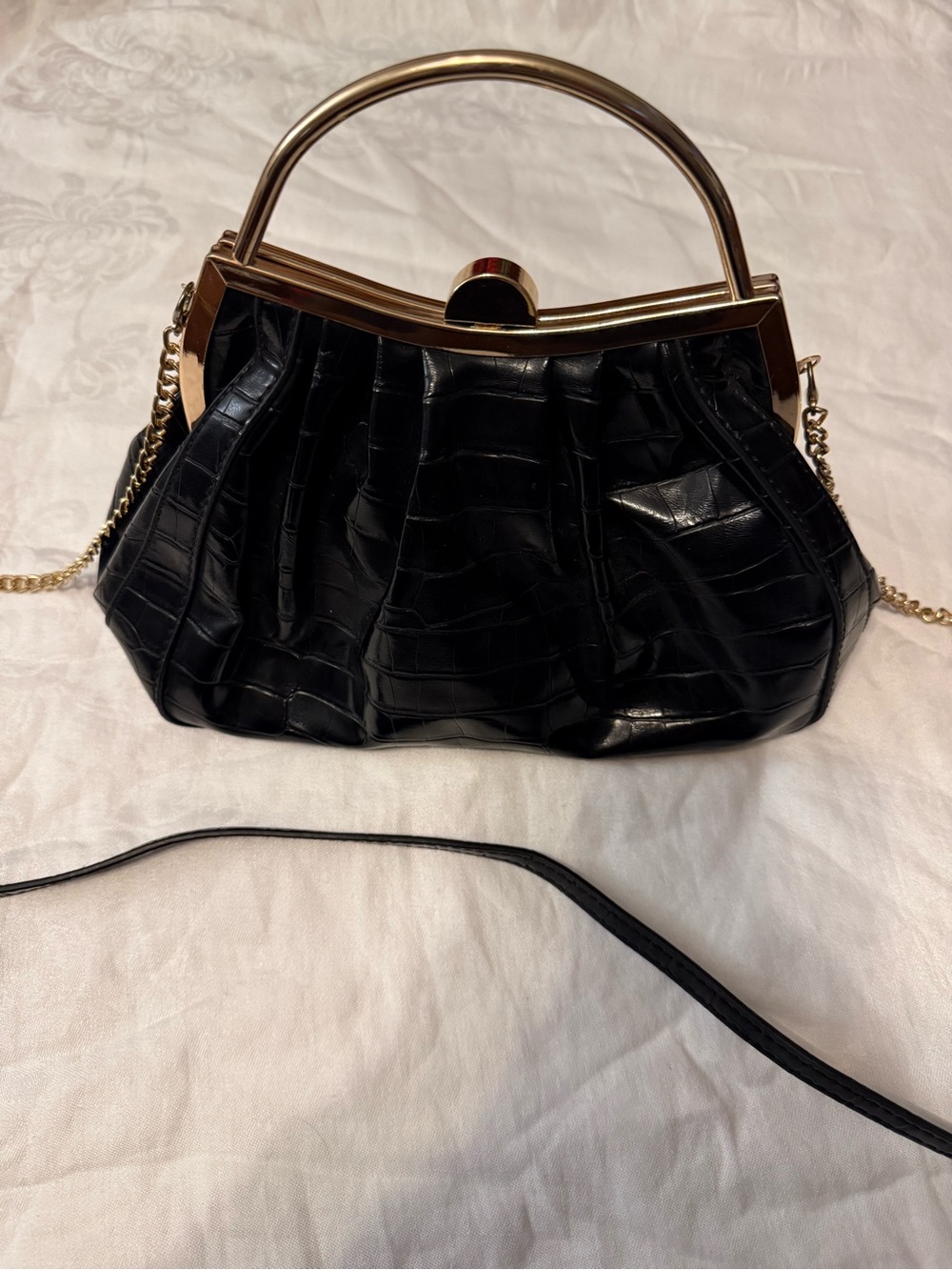 Madison West Black Croc-Embossed Clutch with Gold Handle
